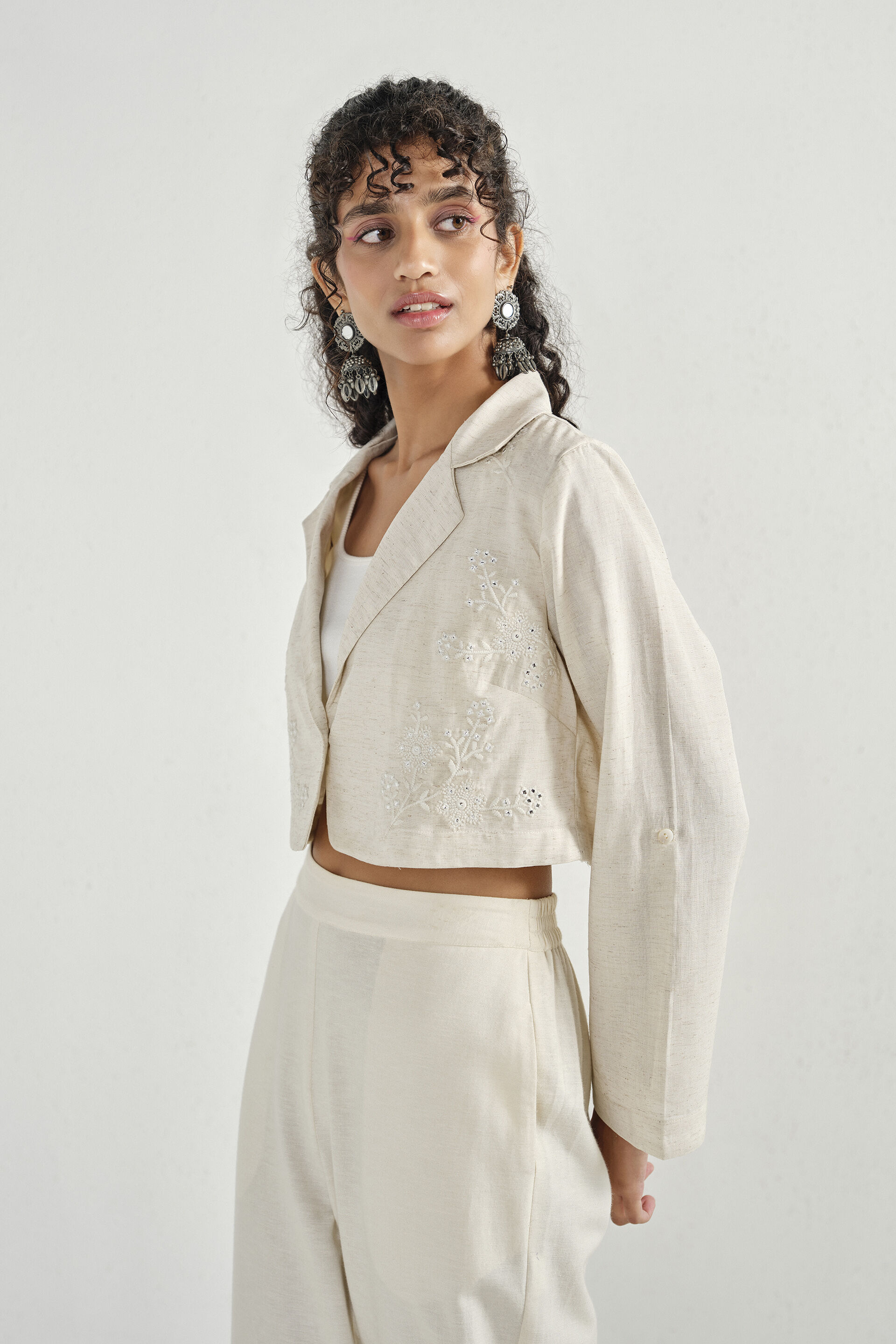 Natural Embroidered Crop Jacket, Natural, image 3